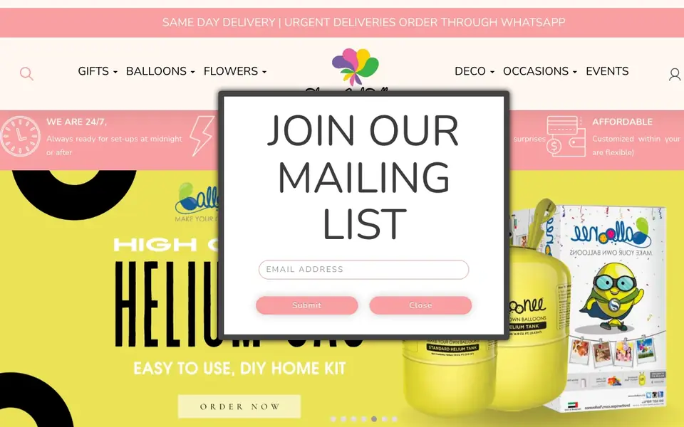 Blooms & Balloons website homepage, 4 Oct 2026