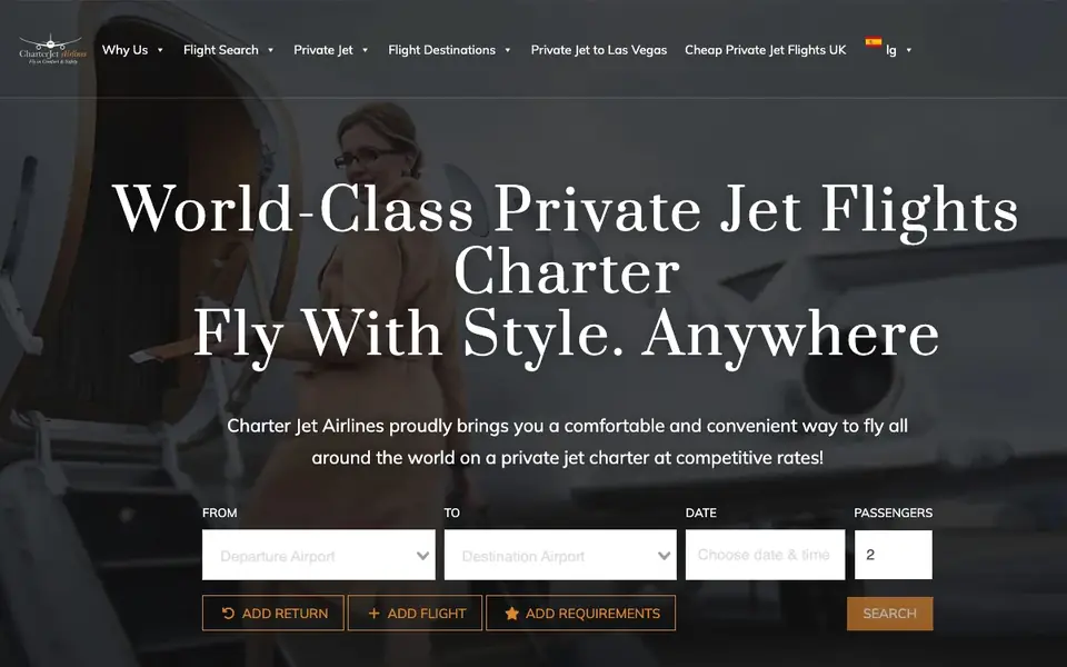 Charter Jet Airlines website homepage, 4 Oct 2026