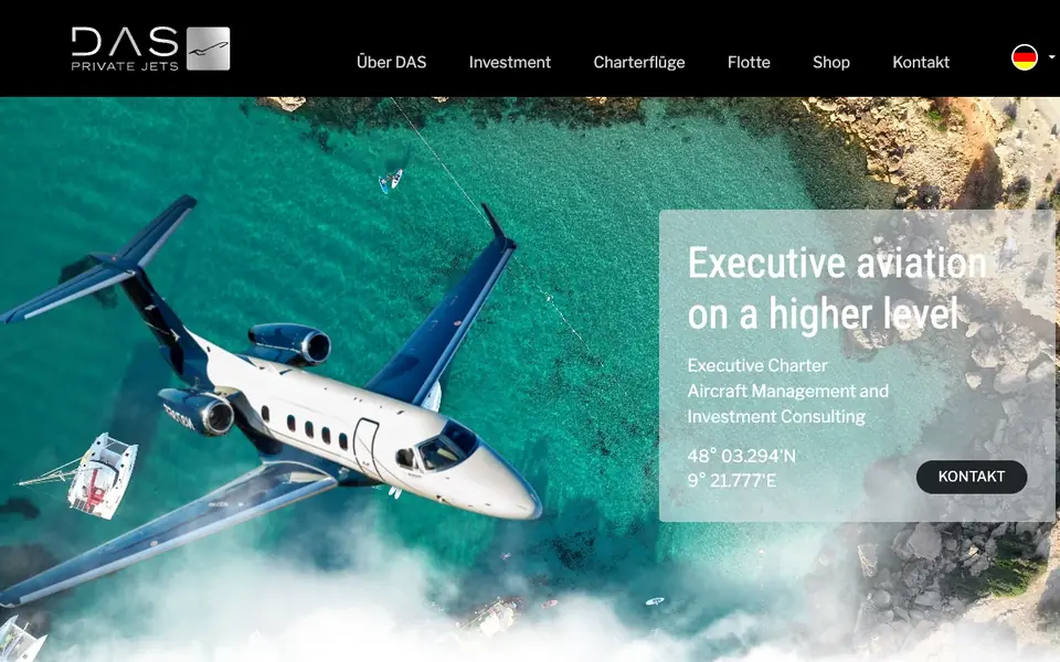 DAS Private Jets website homepage, 4 Oct 2026