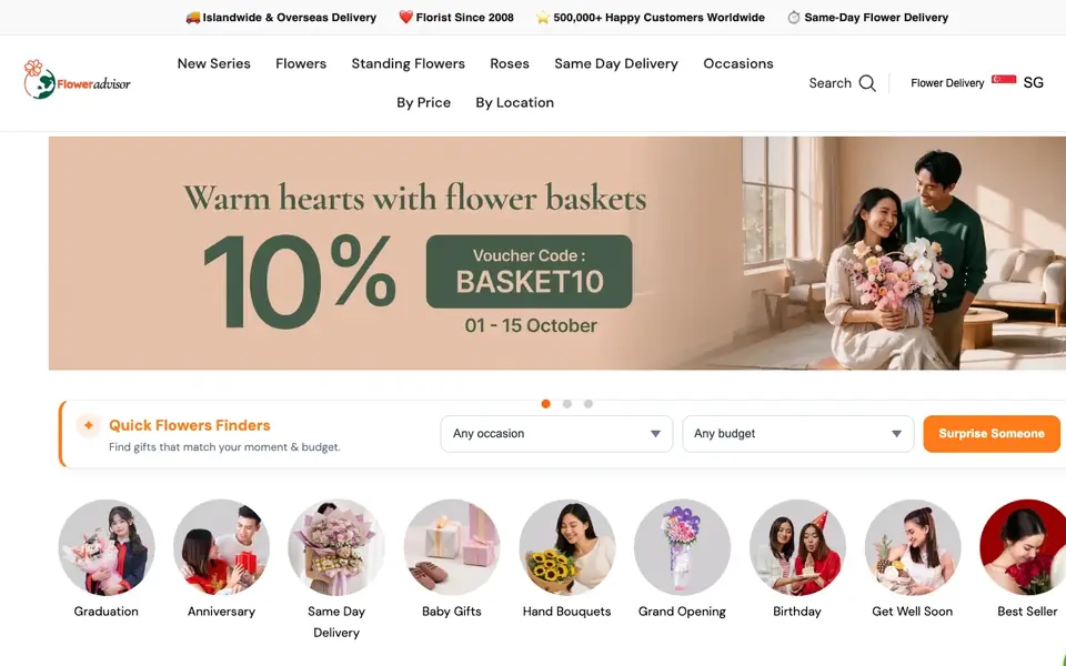 FlowerAdvisor SG website homepage, 4 Oct 2026
