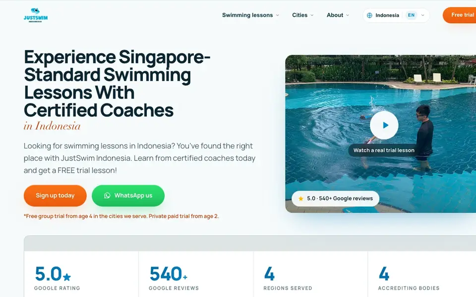 JustSwim Indonesia website homepage, 4 Oct 2026