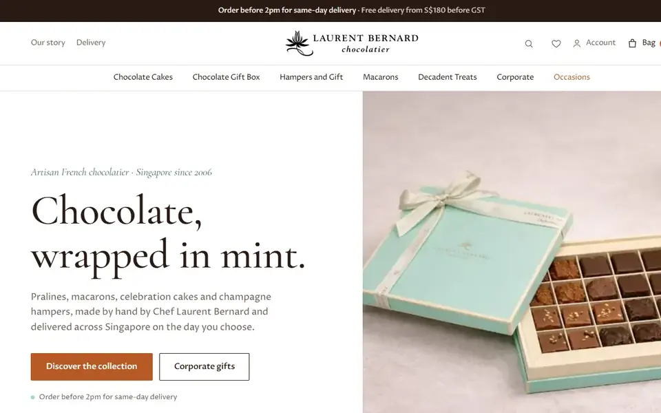 Laurent Bernard Chocolatier website homepage, 19 Oct 2026