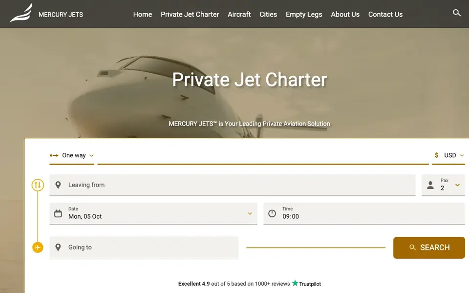 Mercury Jets website homepage, 4 Oct 2026