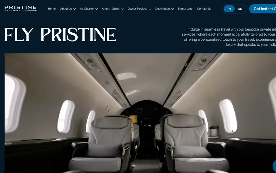 Pristine Jet Charter website homepage, 4 Oct 2026