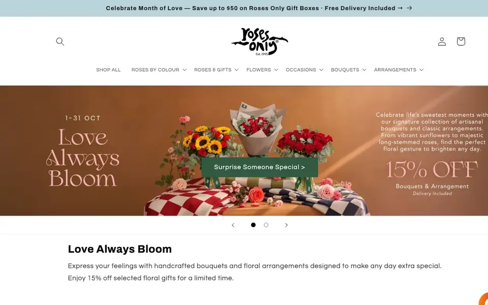 Roses Only Singapore website homepage, 4 Oct 2026