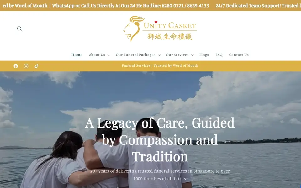 Unity Casket Funeral Planner website homepage, 4 Oct 2026